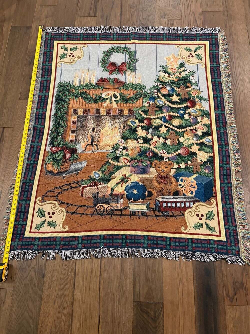 Vintage Christmas Tapestry Throw Blanket Fireplace Tree Train 48x62